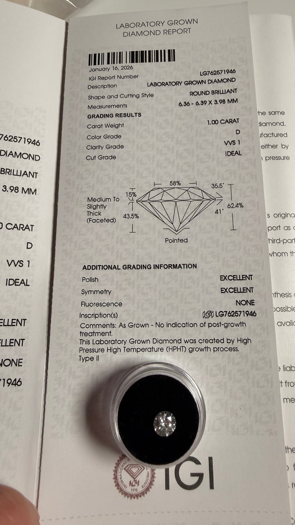 1.00 Carat Lab Grown Diamond D VVS 1 Ideal cut
